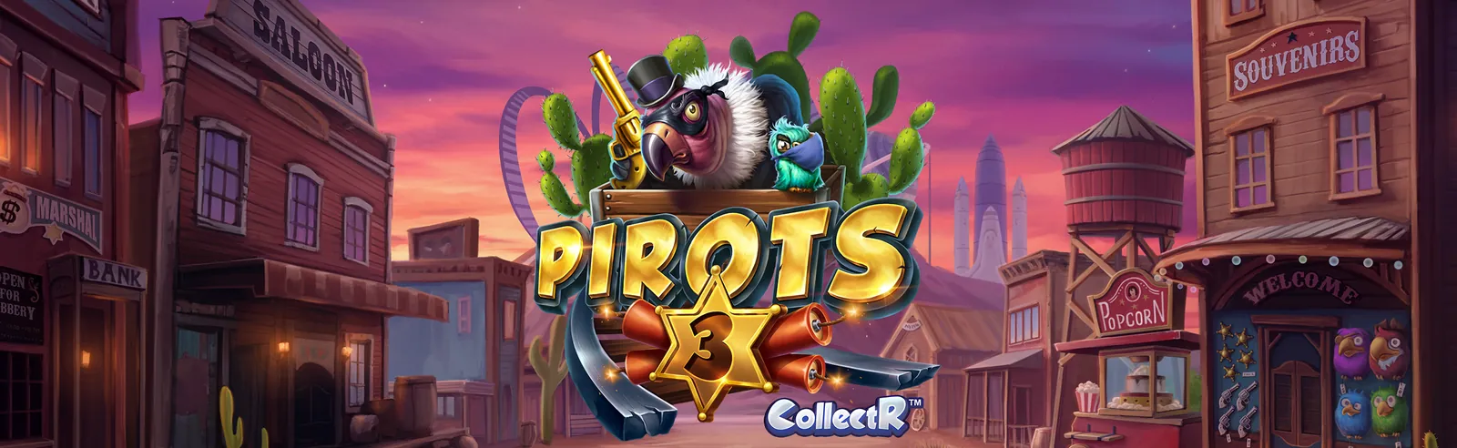 Pirots 3 banner – huvudgatan i en Vilda västern-stad med saloon, bank och popcornvagn